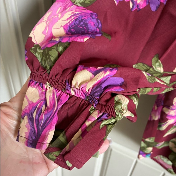 Easel Maroon Floral Blouse with Tassel Ties - Picture 3 of 6